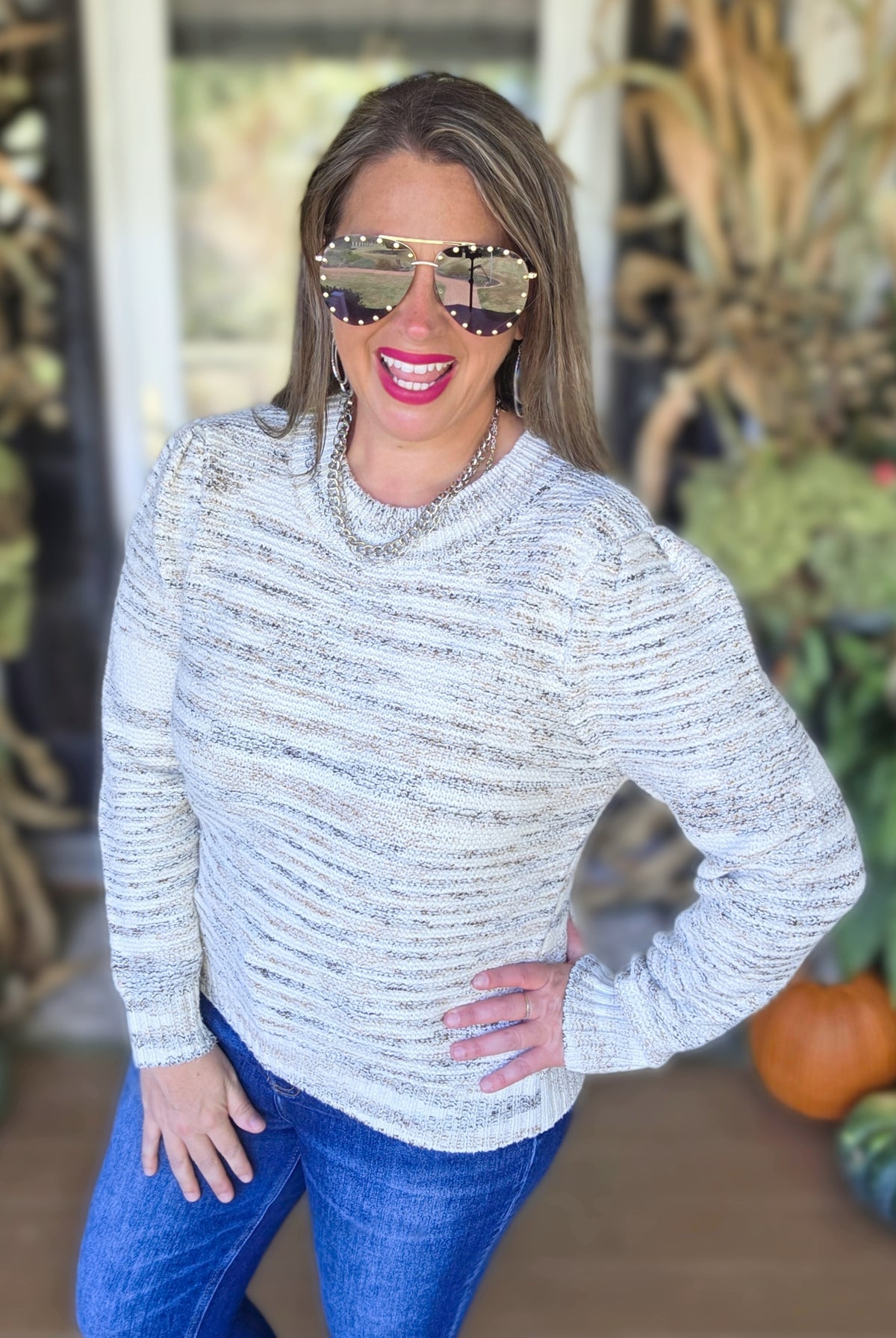 KAREN HART CREAM/TAUPE TEXTURED PULLOVER SWEATER