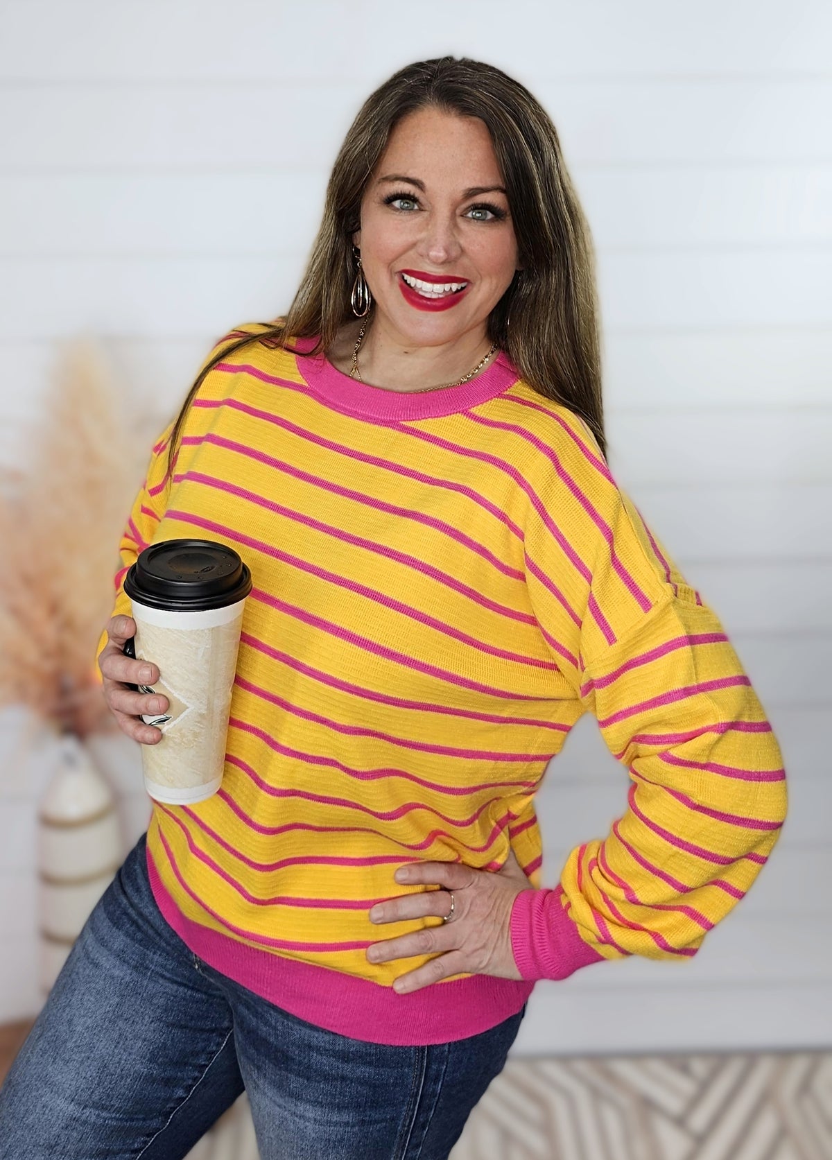 YELLOW/PINK STRIPED KNIT LOOSE TOP