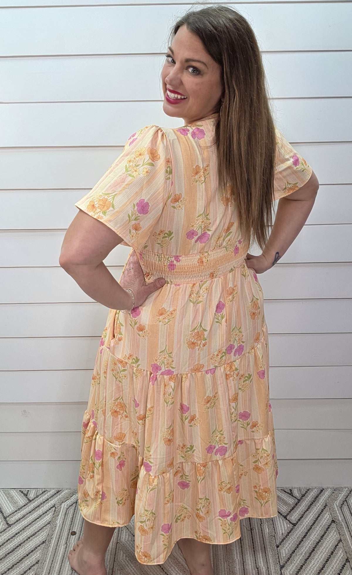 PEACH STRIPED/FLORAL ELASTIC WAIST V NECK LONG DRESS