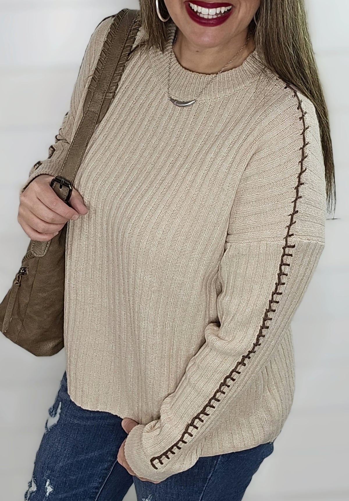 MOCHA VERTICAL STRIPED BLANKET STITCH SWEATER