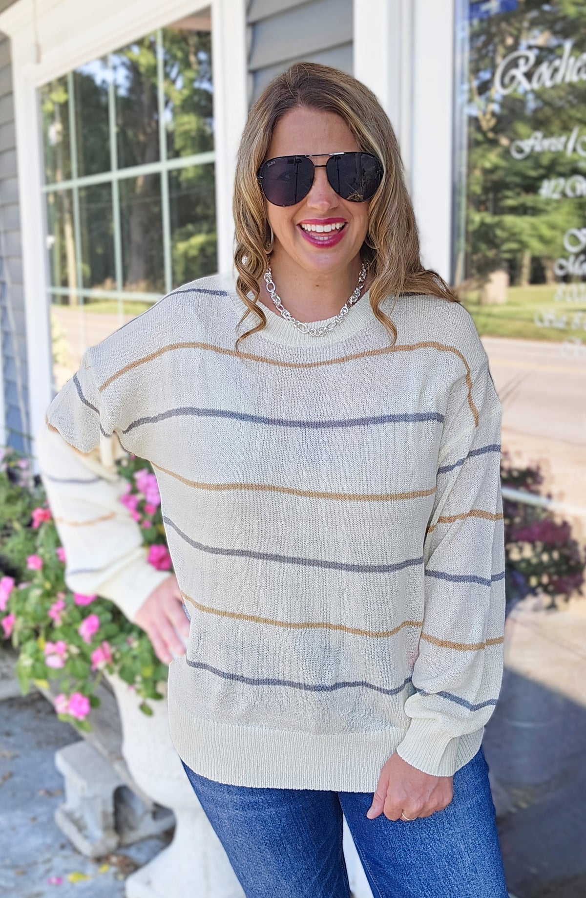 CREAM/GREY/CAMEL STRIPED LIGHT WEIGHT SWEATER