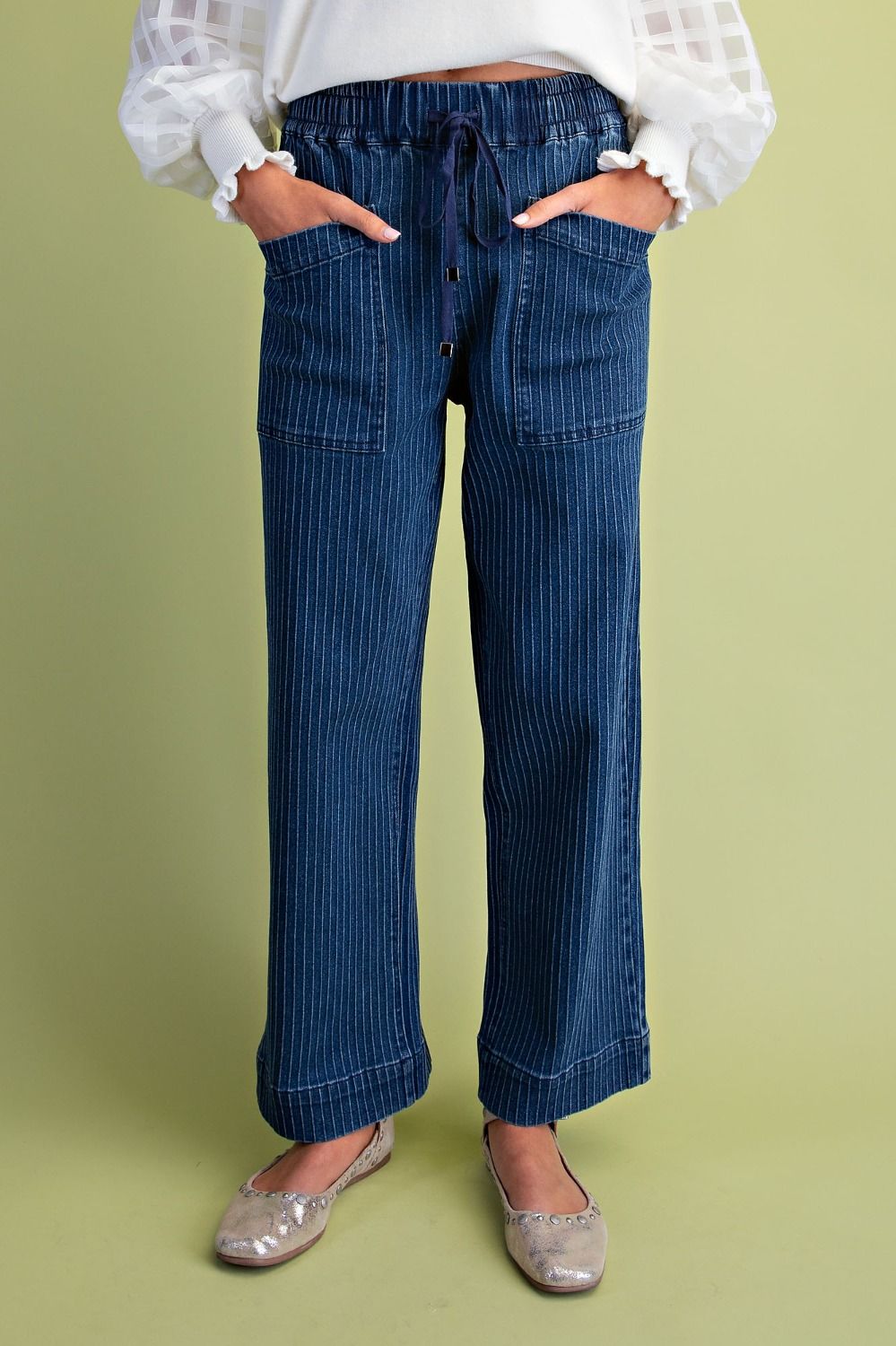 DENIM JOGGER WIDE LEG TEXTURED PIN STRIPED JEANS