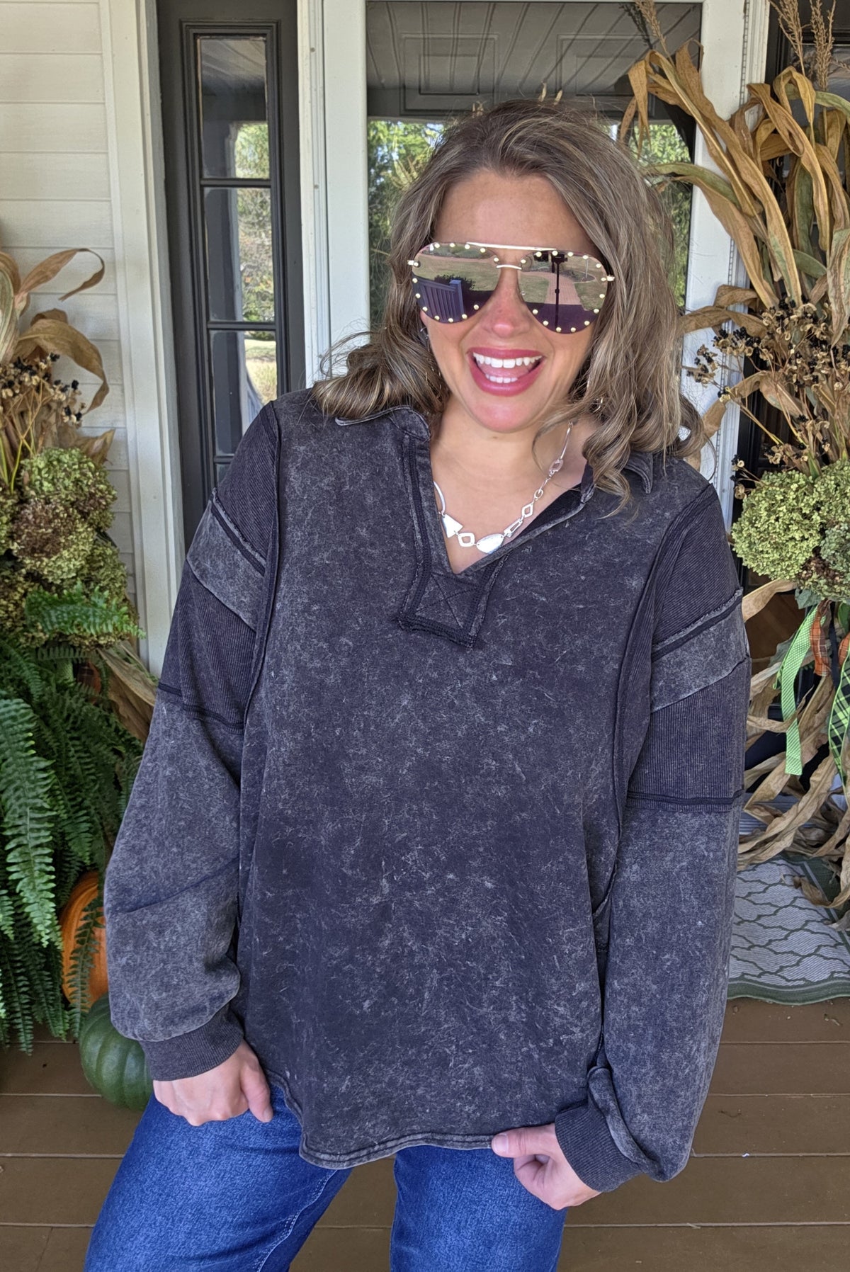 BLACK MINERAL WASH FRENCH TERRY PULLOVER WITH LAY DOWN COLLAR