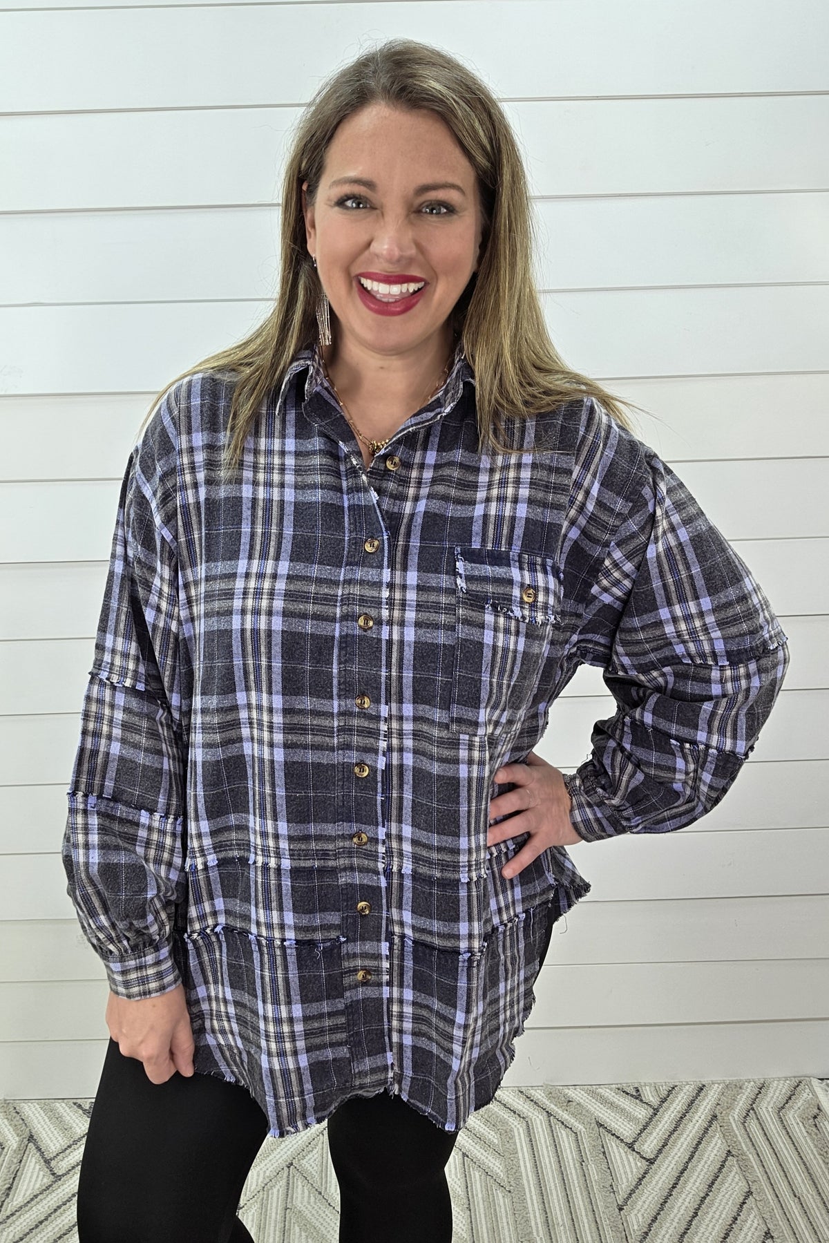 NAVY/ASH OVERSIZED PLAID BUTTON DOWN TOP