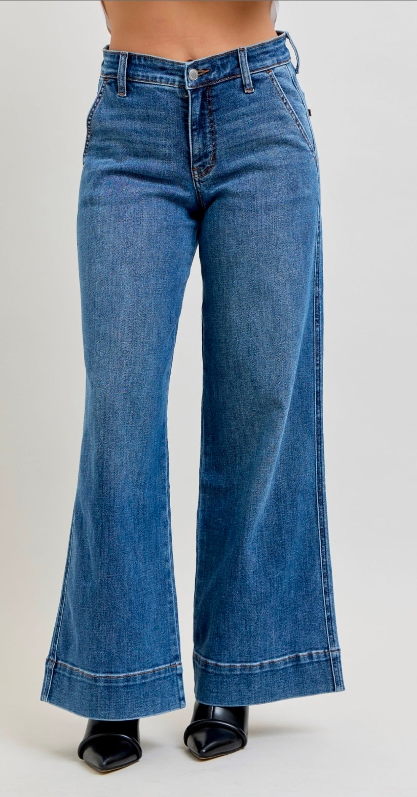 JUDY BLUE HIGH WAIST TUMMY CONTROL PETITE DOUBLE BUTTON FLARE JEANS