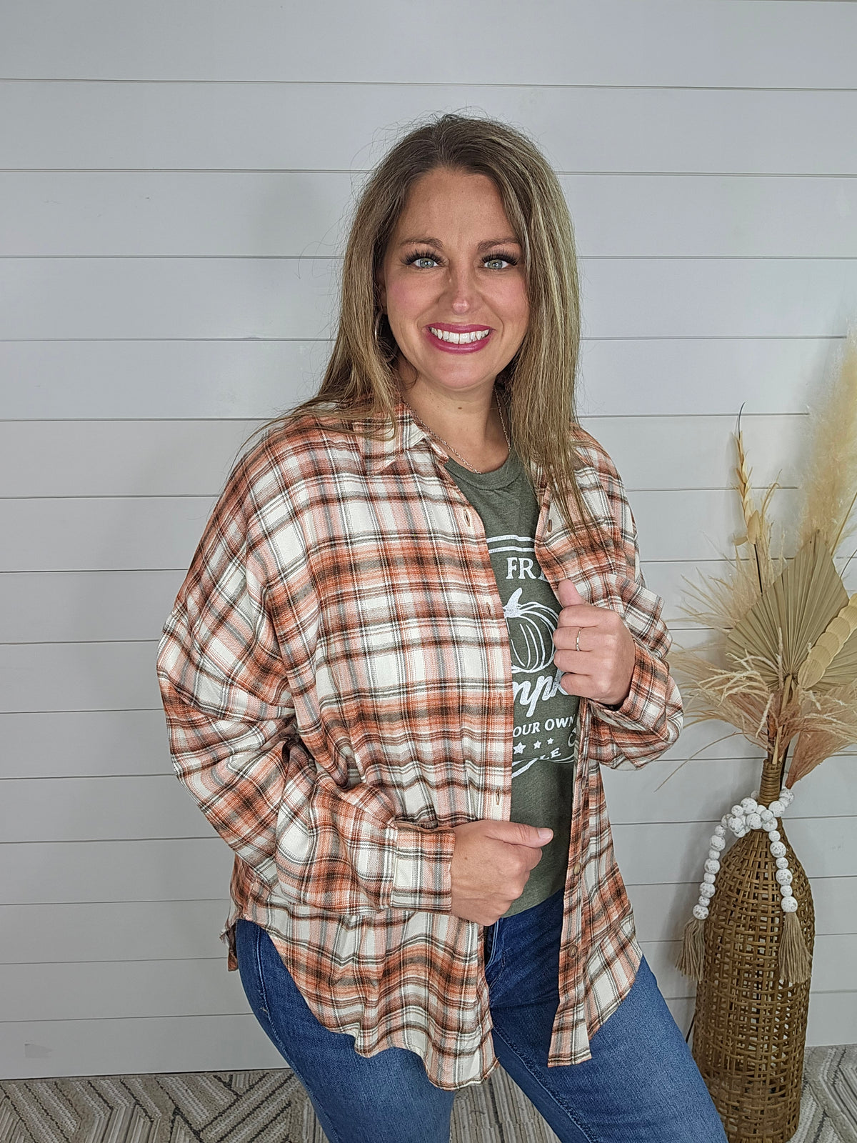 TERRA COTTA RELAXED FIT LIGHT WEIGHT PLAID BUTTON UP