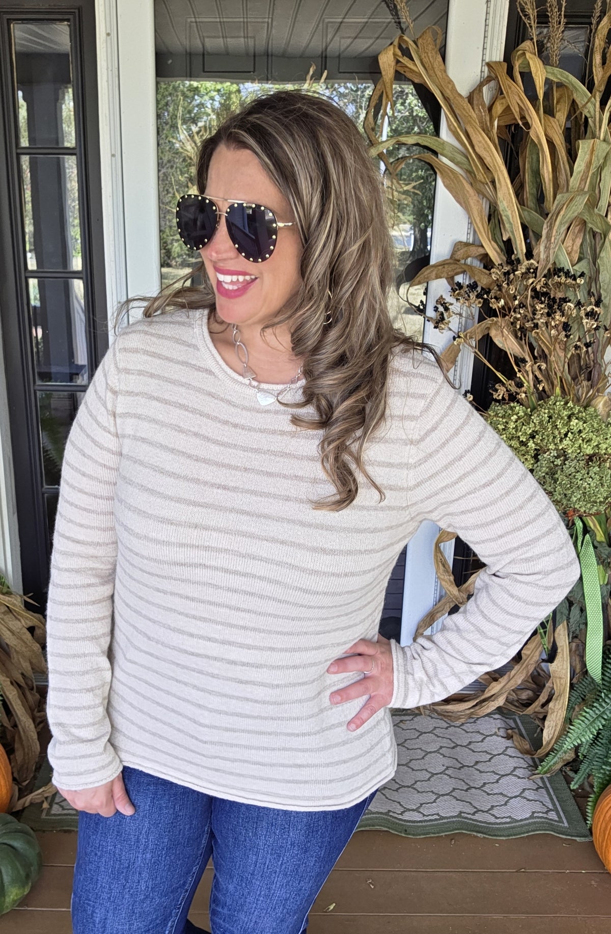 OATMEAL/TAUPE STRIPED KNIT SWEATER
