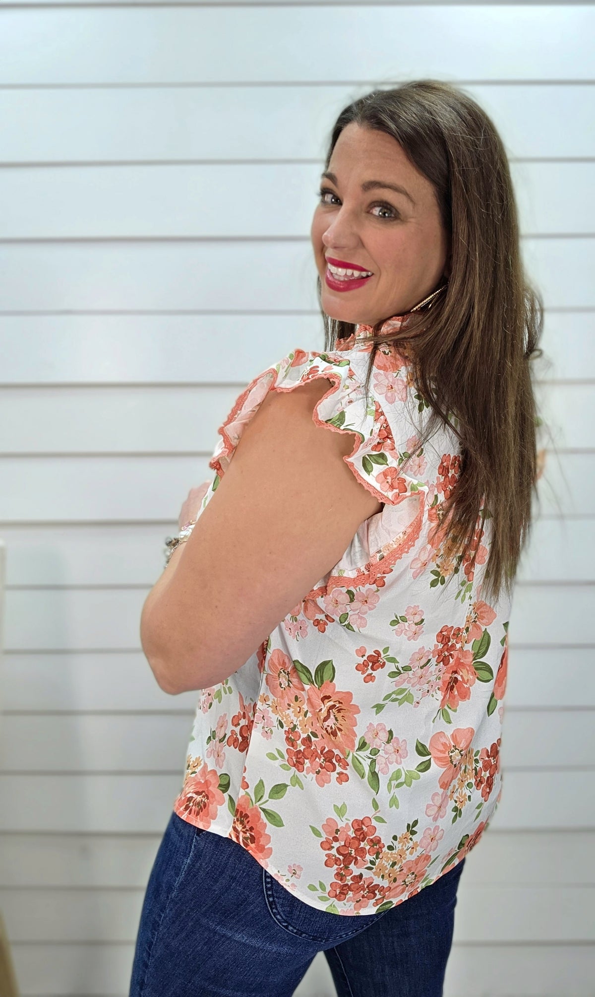 IVORY/CORAL FLORAL LACE TRIM BUTTON DOWN RUFFLE SLEEVE WOVEN TOP