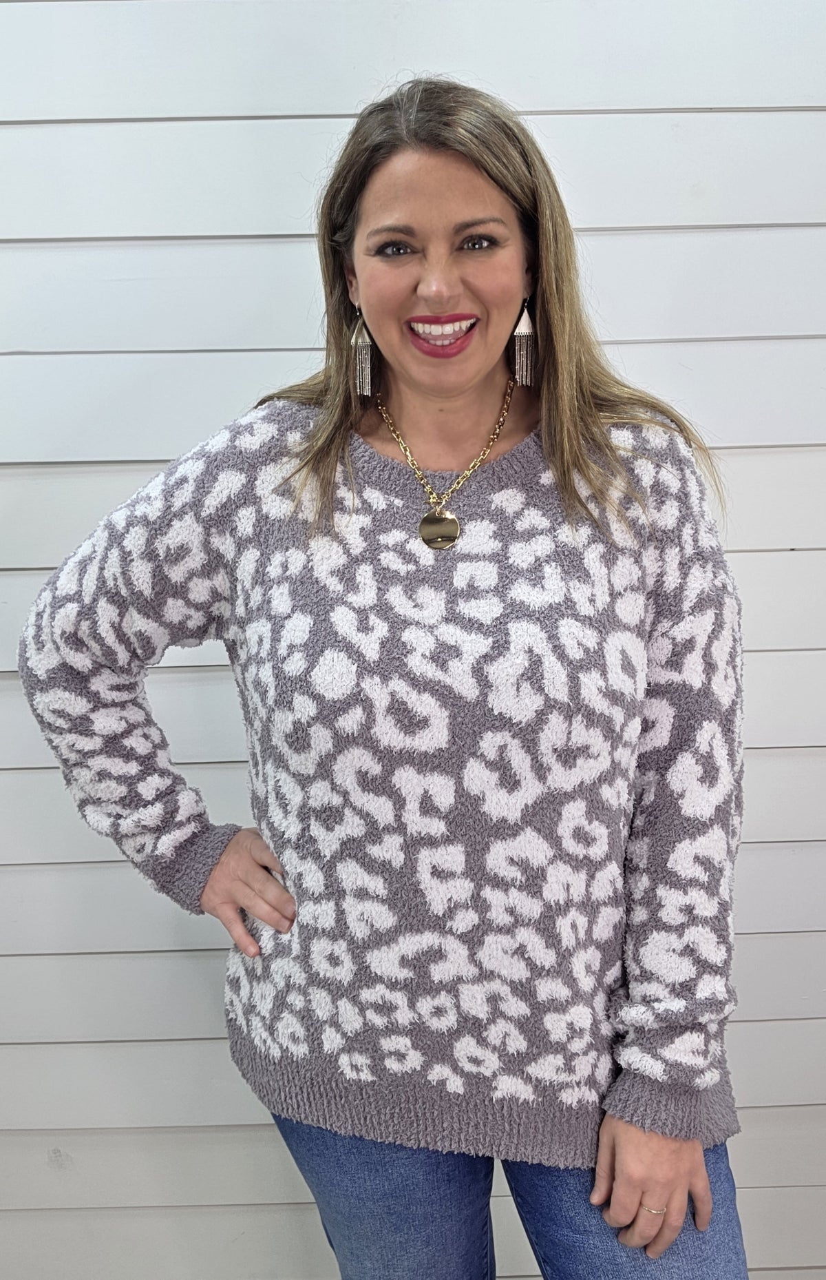GREY ULTRA SOFT FUZZY ANIMAL PRINT SWEATER PULLOVER