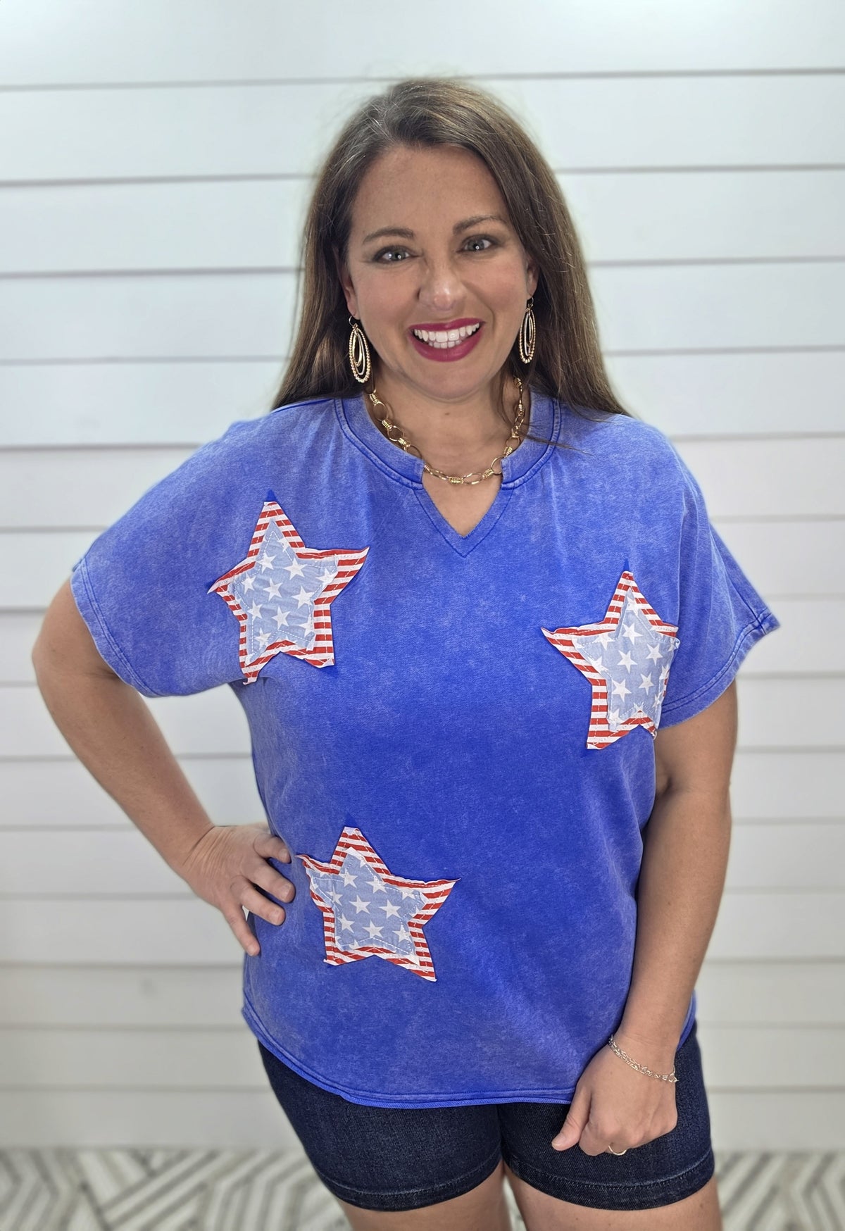 BLUE MINERAL WASH STAR KNIT TOP