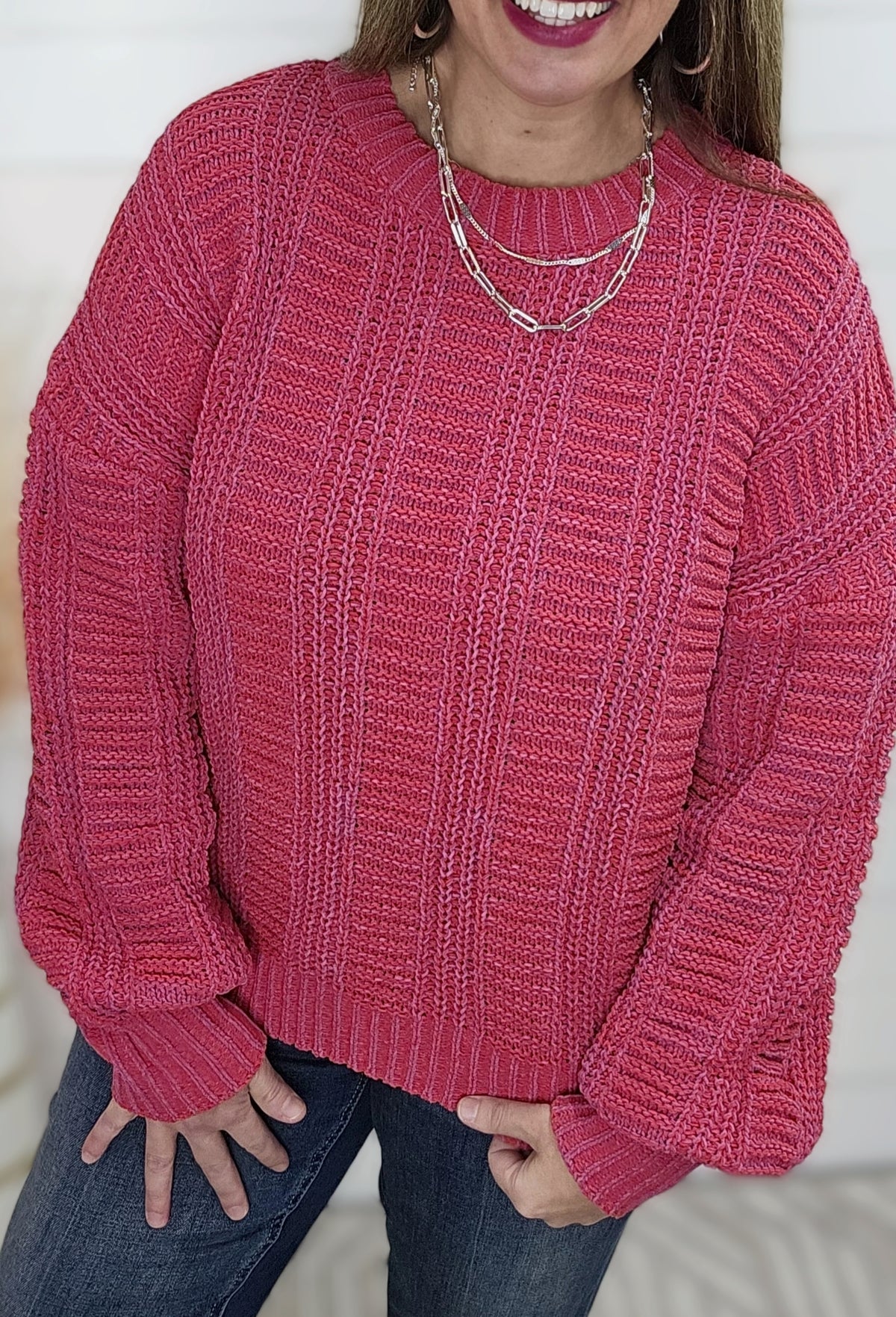 RED/PINK TWO TONE MINERAL WASH KNIT SWEATER