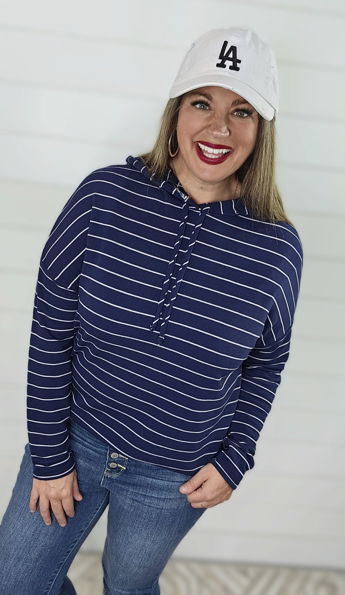 NAVY PIN STRIPED FRENCH TERRY HOODIE