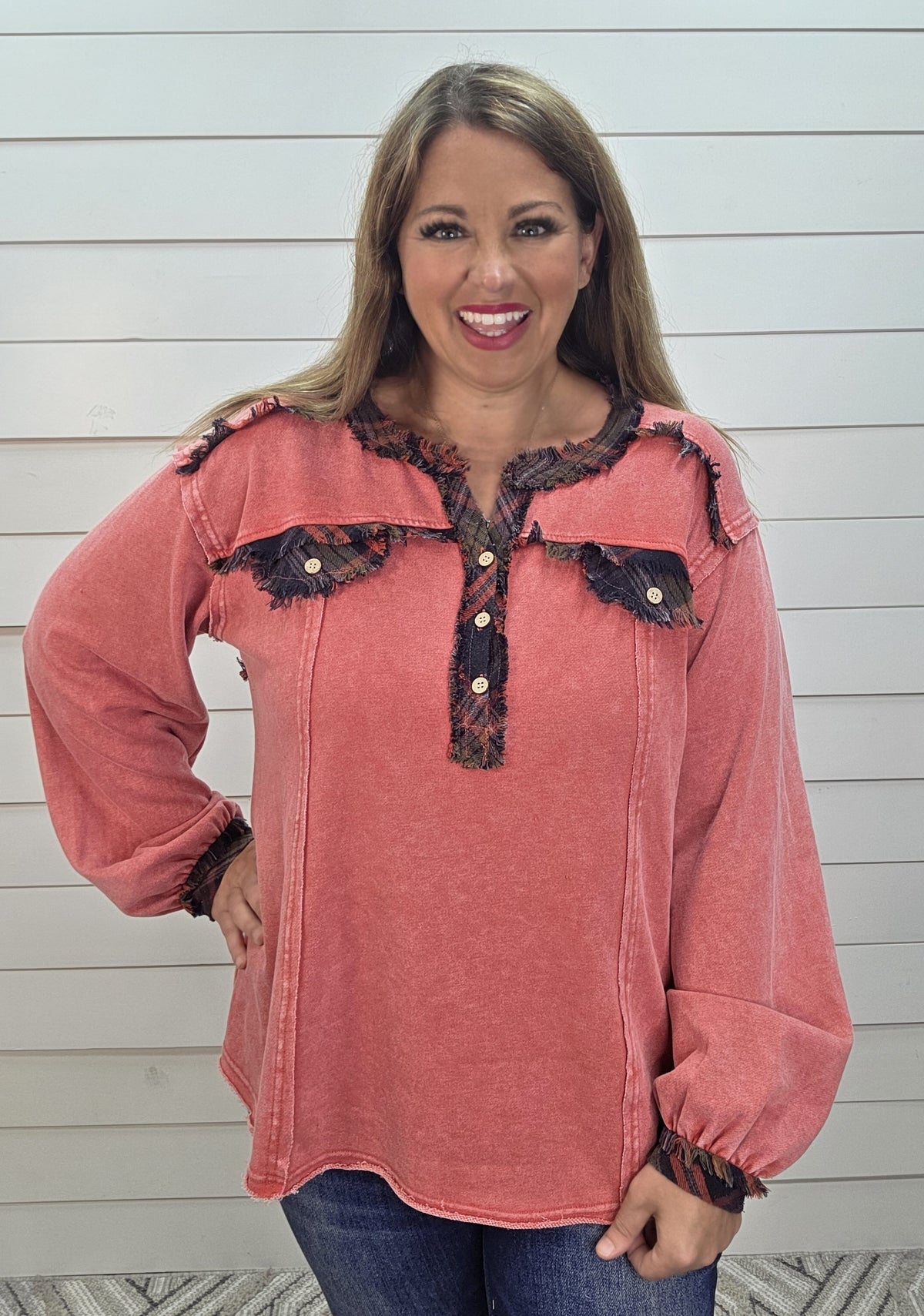 VINTAGE RED MINERAL WASH PLAID TRIM OVERSIZED TOP