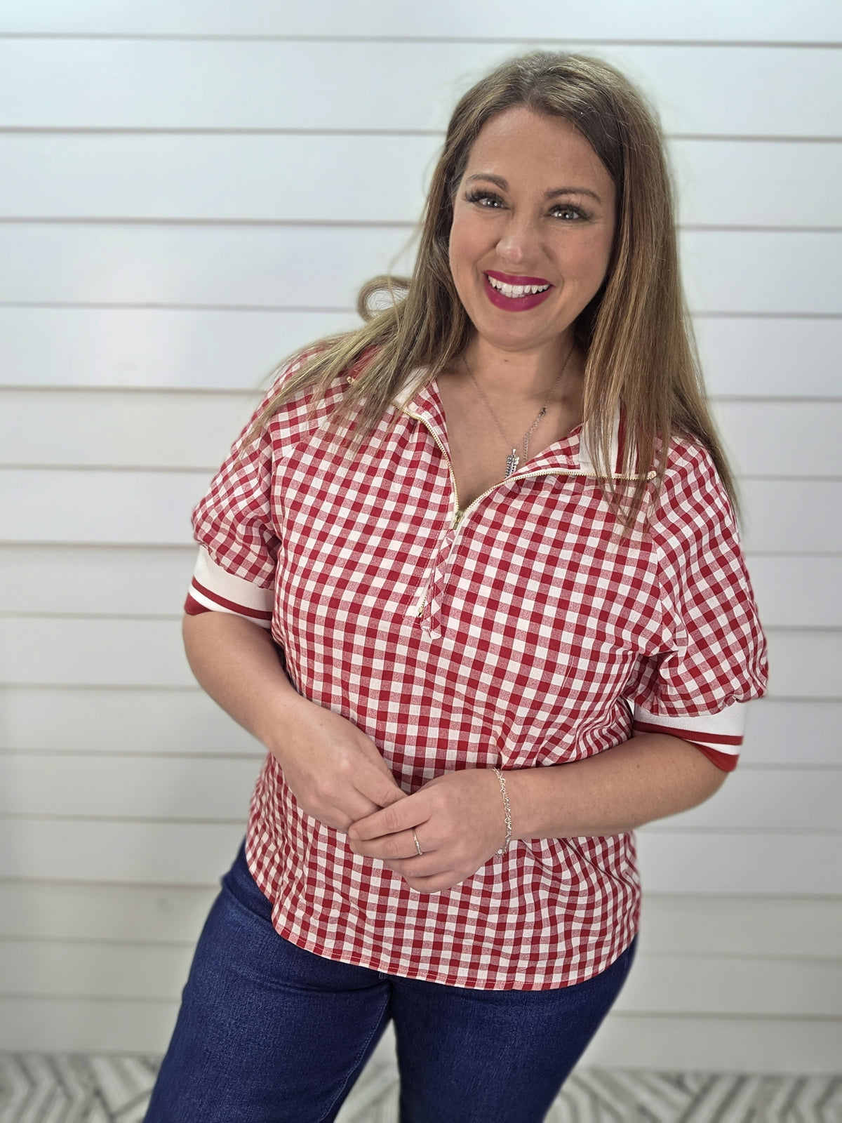 RED GIGHAM HALF ZIP WOVENT TOP