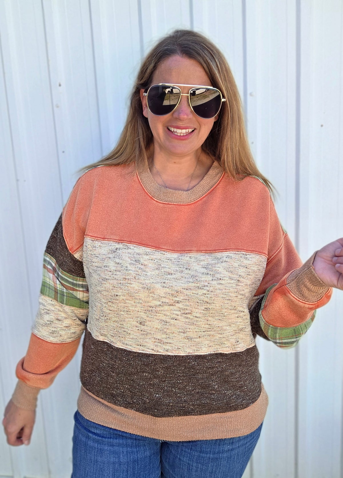 RUST MIX FABRIC/PLAID PULLOVER