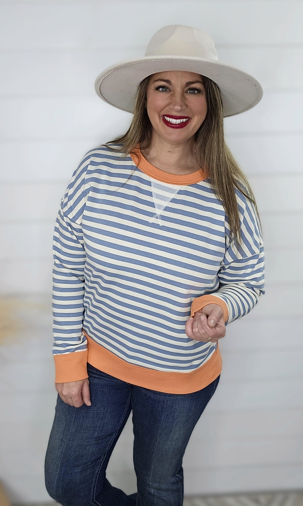 DUSY BLUE/CORAL STRIPED FRENCH TERRY KNIT TOP