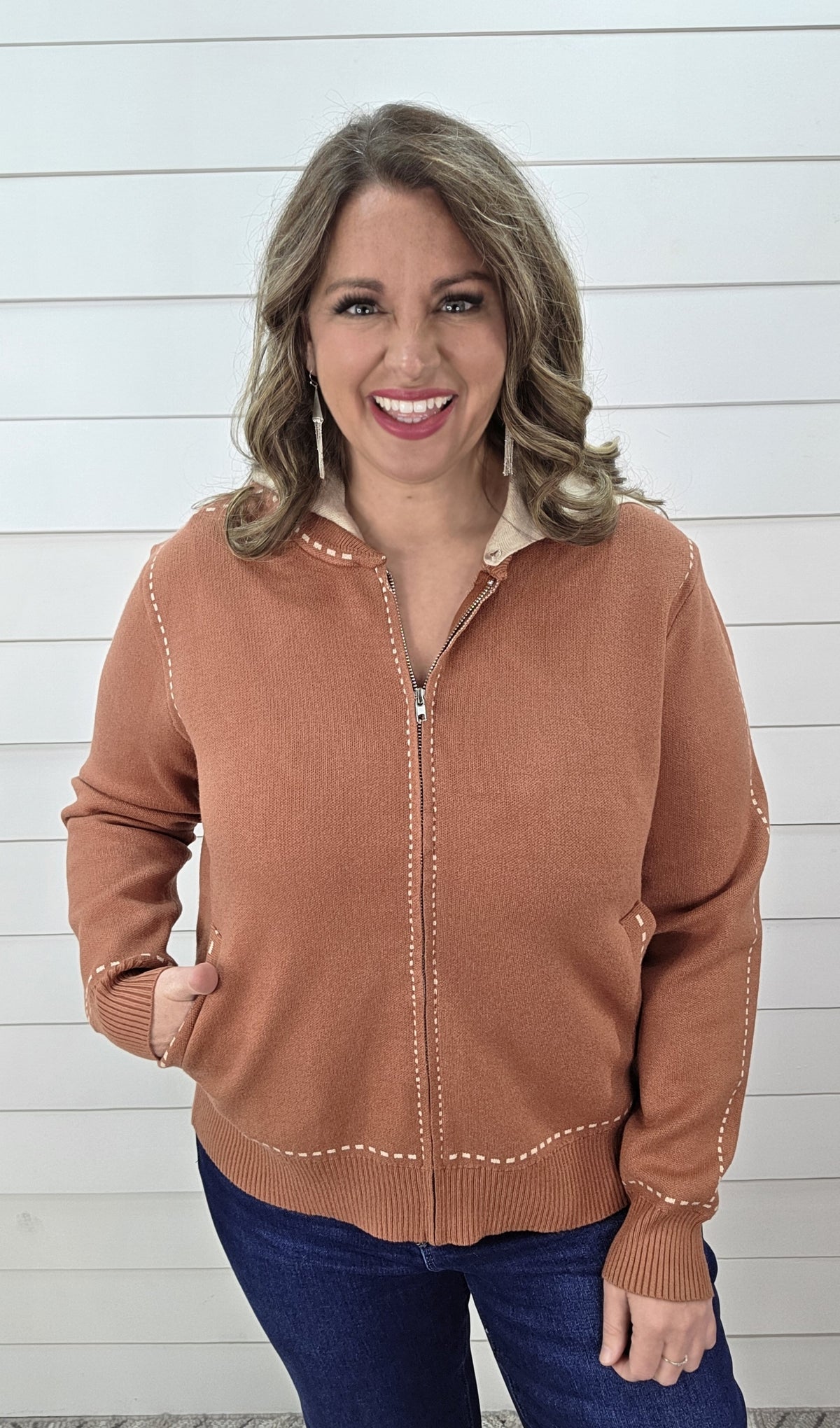 COPPER REMOVEABLE HOOD STITCH ACCENT FULL ZIP SWEATER