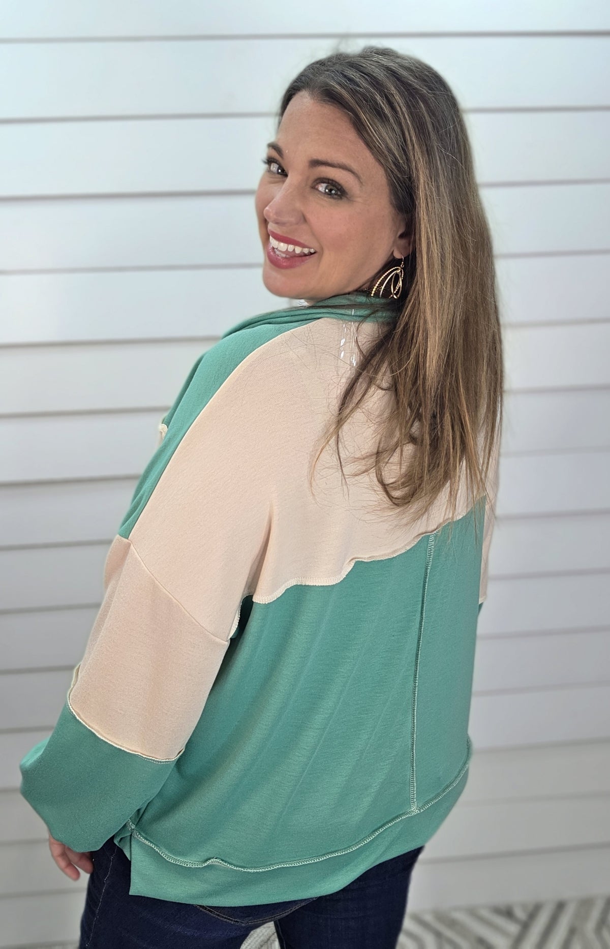 TEAL/OATMEAL COLORBLOCK LIGHT WEIGHT FRENCH TERRY TOP W/ RIC RAC TRIM