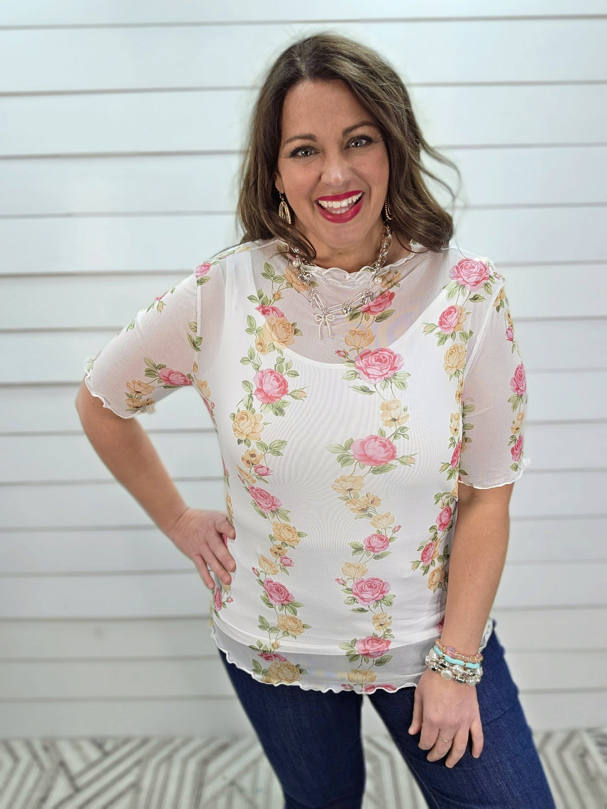 WHITE MESH FLORAL TOP
