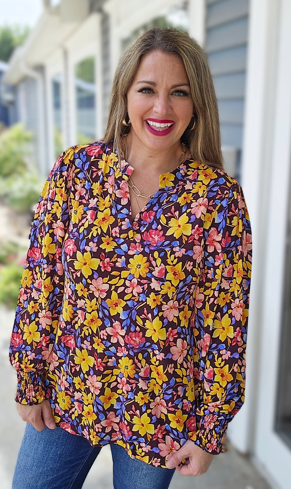 DEAR SCARLETT CHOCOLATE MULTI FLORAL LONG SLEEVE SMOCKED LIZZY