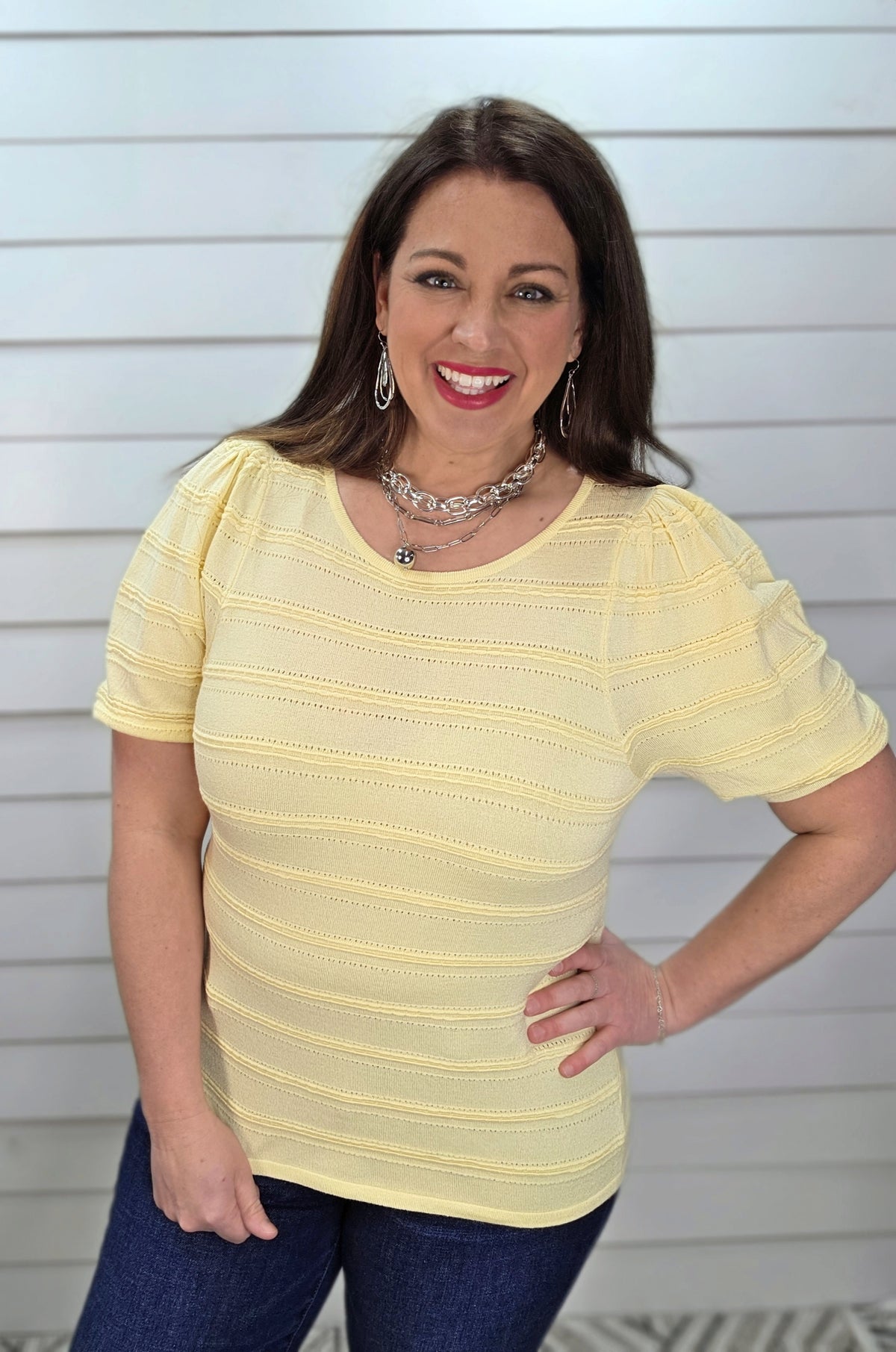 LEMON TEXTURED STRIPED SHORT SLEEVE KNIT TOP