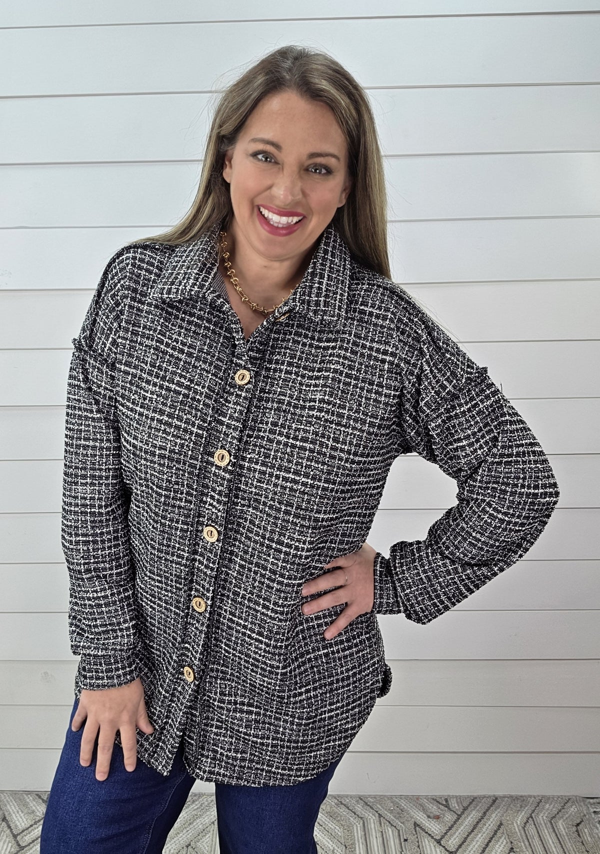 BLACK/CREAM GLITZ PLAID SOFT TWEED BUTTON DOWN