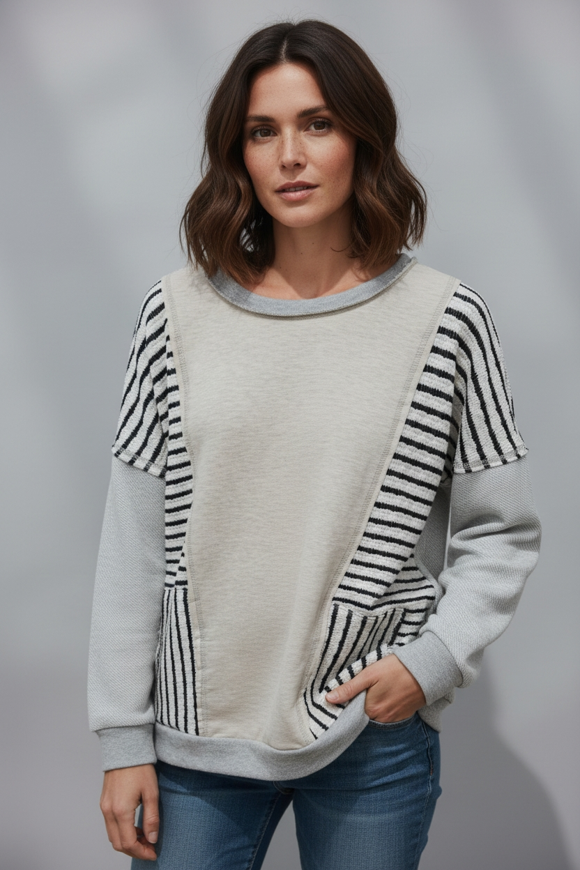 HEATHER STRIPED CONTRAST KNIT TOP W/ SIDE POCKETS