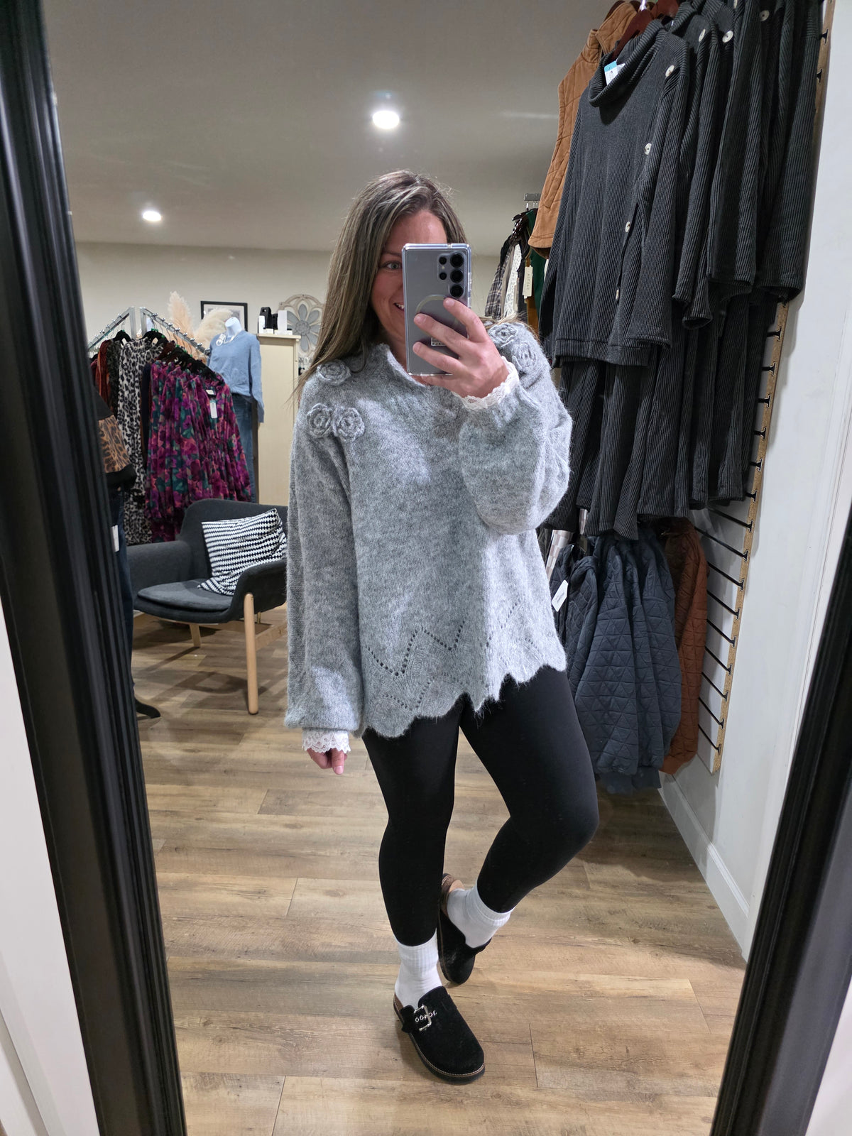 POL HEATHER GREY FLORAL TRIM SWEATER WITH SCALLOPS AND LACE TRIM