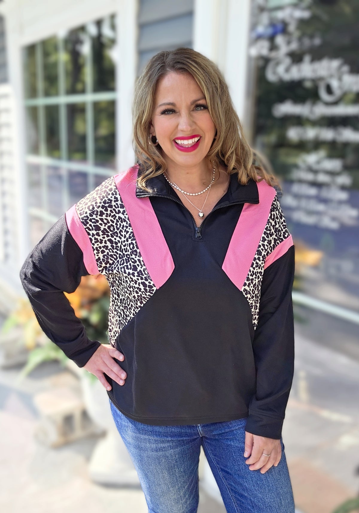 BLACK/PINK/LEOPARD COLORBLOCK FRENCH TERRY QUARTER ZIP PULLOVER