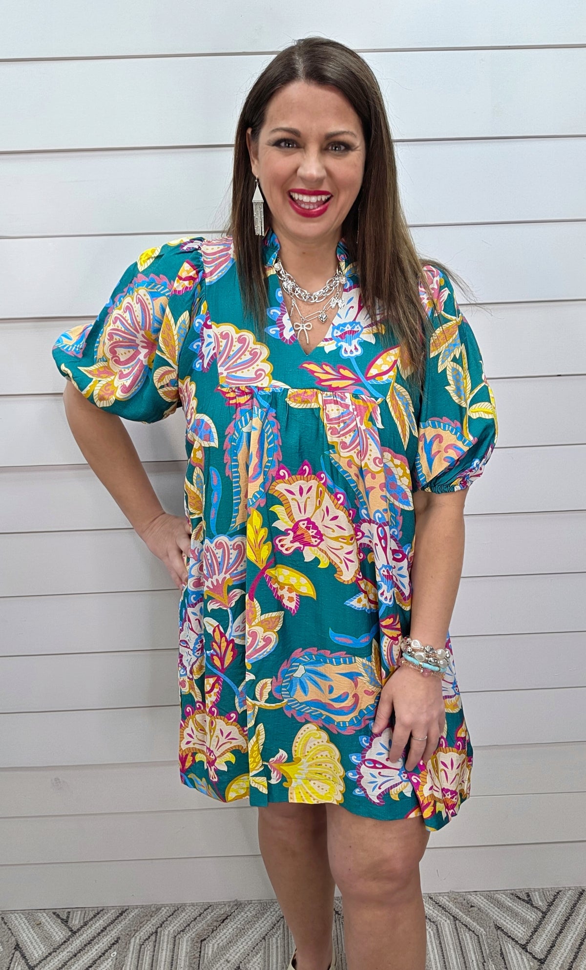 EMERALD MULTI COLOR PRINTED V NECK DRESS