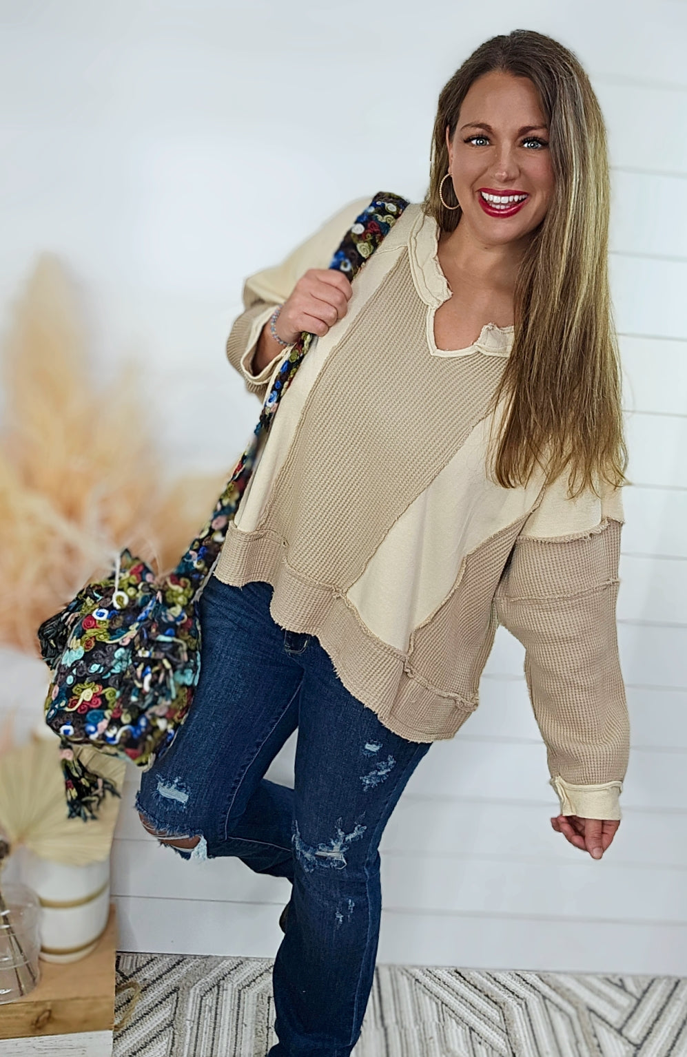 POL BEIGE WAFFLE OVERSIZED CONTRAST TOP