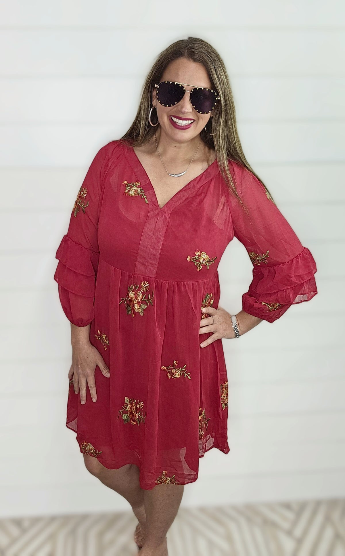 RED EMBROIDERED SHEER DRESS W/ ATTACHED DRESS