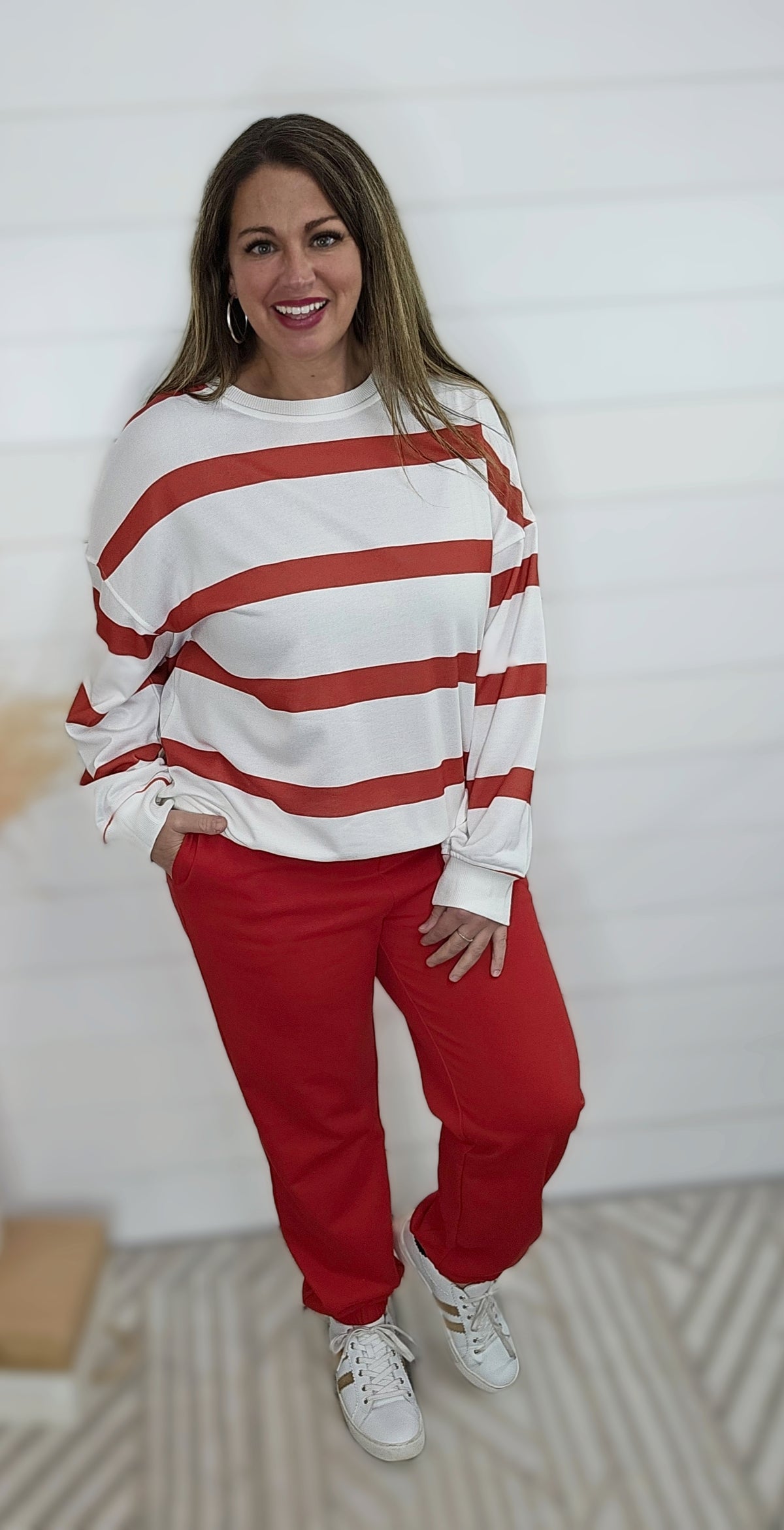 RED STRIPED TOP W/ JOGGER BOTTOM FRENCH TERRY SET