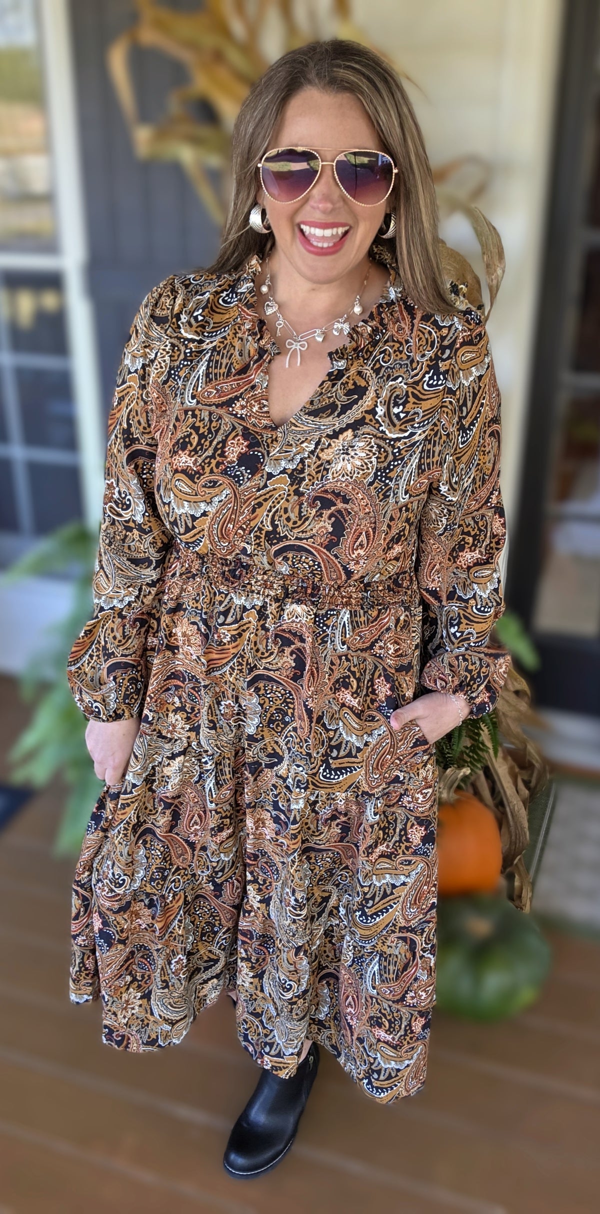 BLACK/RUST PAISLEY ELASTIC WAIST LONG DRESS