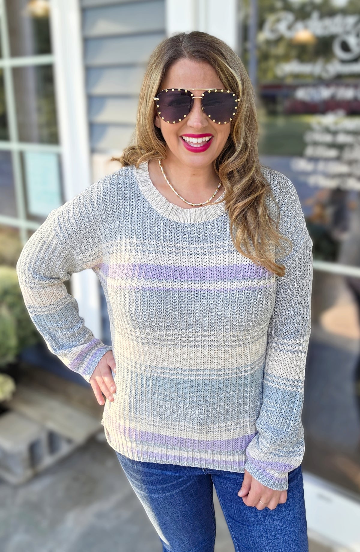 CREAM/GREY/LAV COLORBLOCK KNIT SWEATER