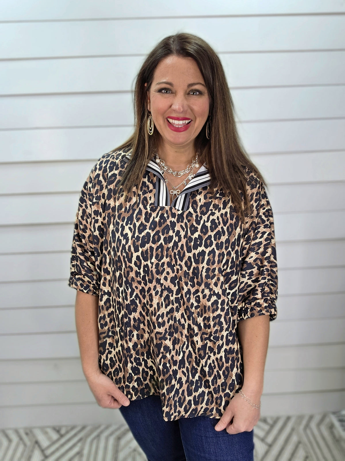 TAUPE LEOPARD TAPED COLLAR DOLMAN WOVEN TOP