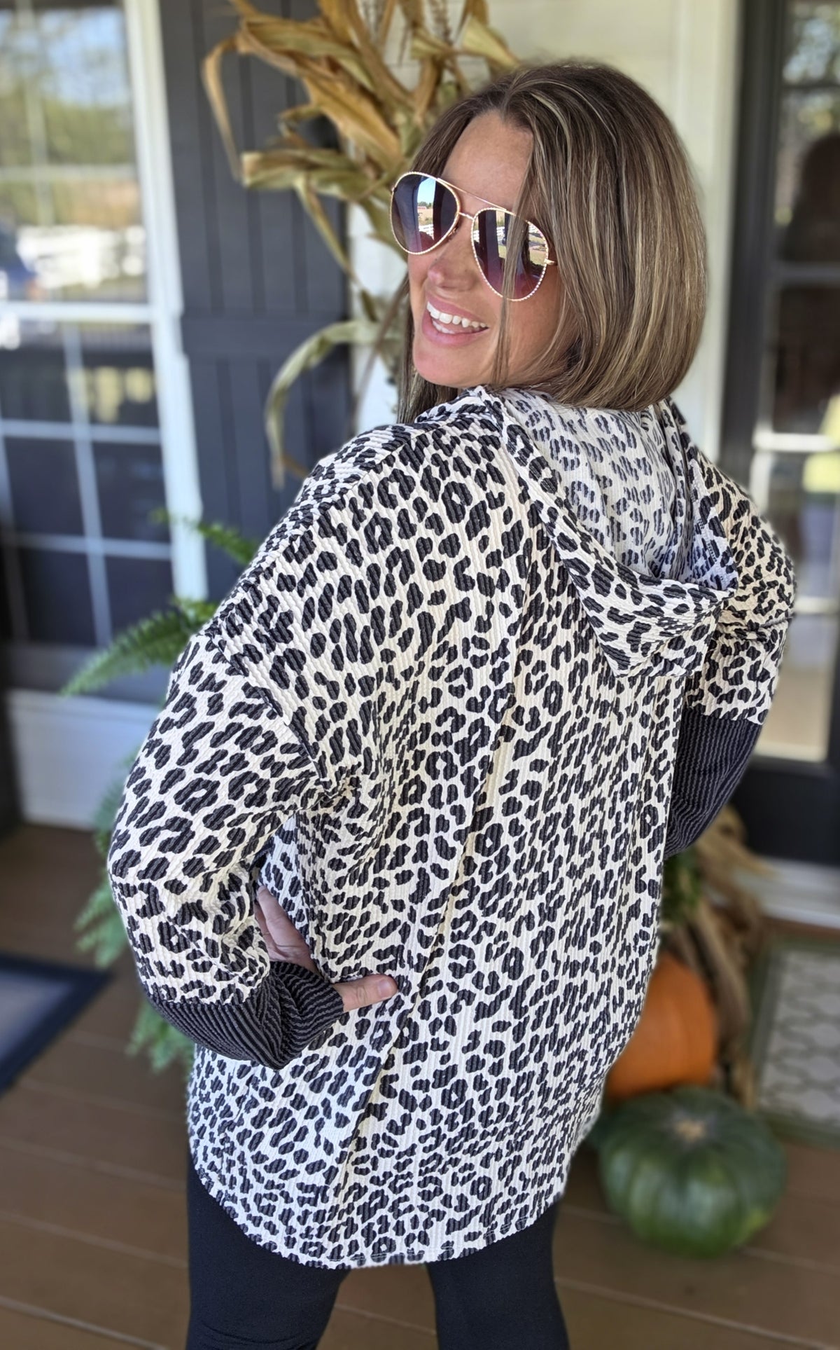 ANIMAL PRINT RAISED RIBBED OVERSIZED HOODIE WITH KANGAROO POCKET