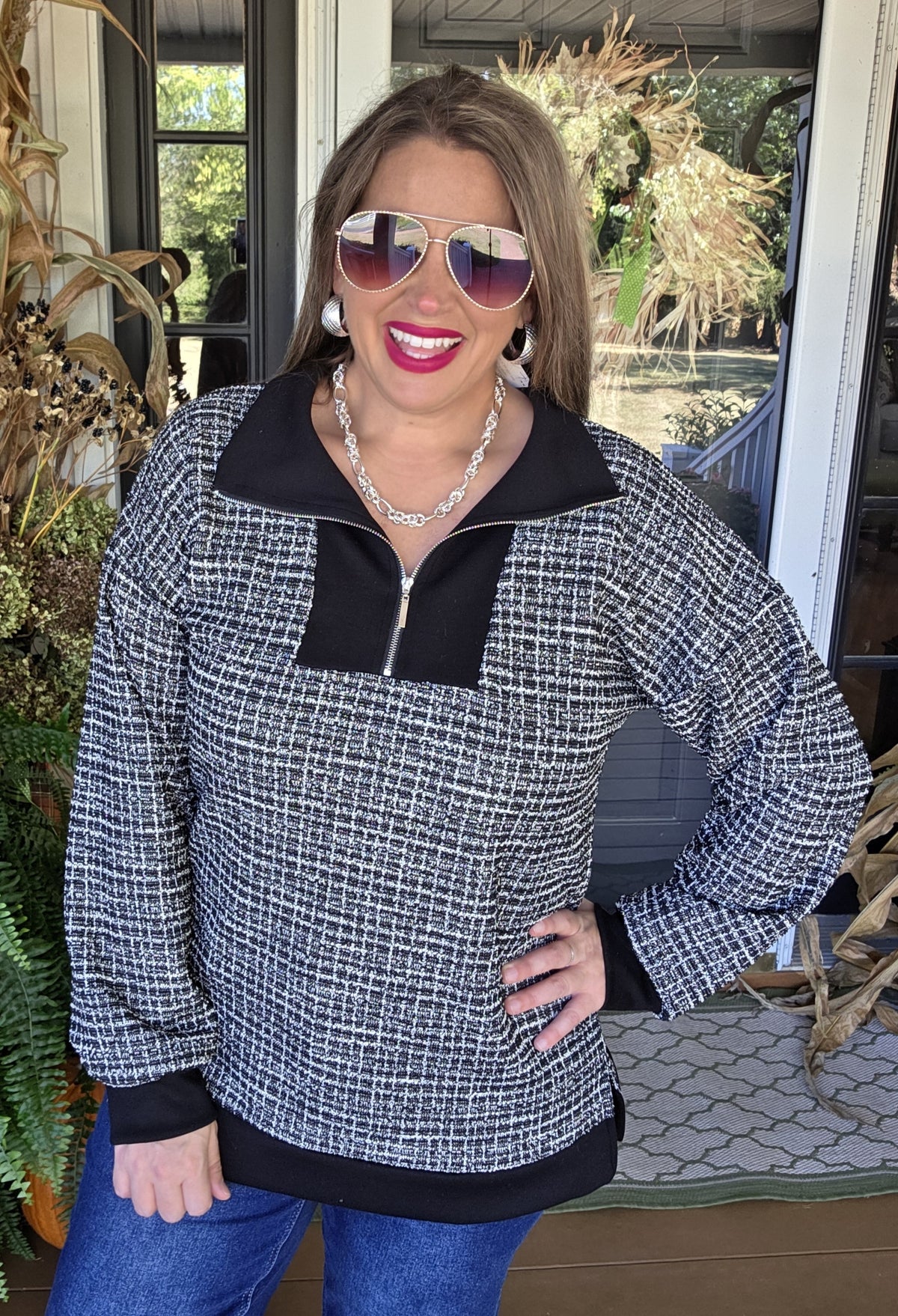BLACK CHECK TWEED QUARTER ZIP PULLOVER