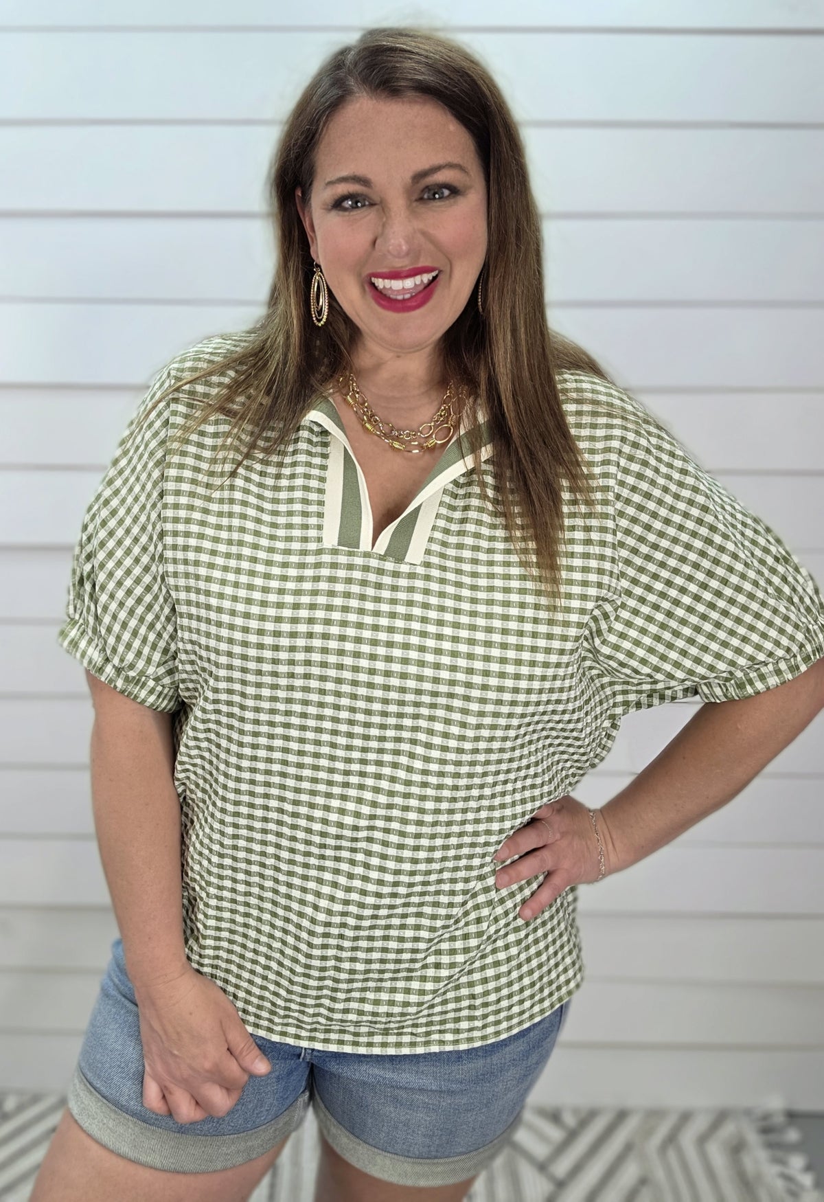 GREEN GIGHAM V NECK WOVEN TOP