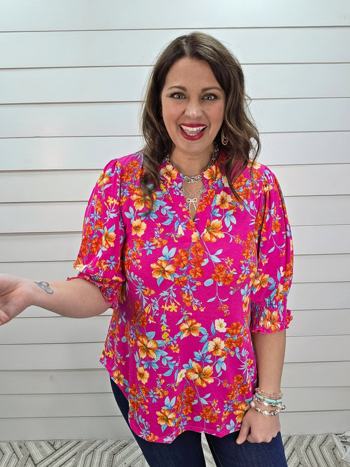 DEAR SCARLETT SMOCKED TOP - HOT PINK FLORAL PRINT