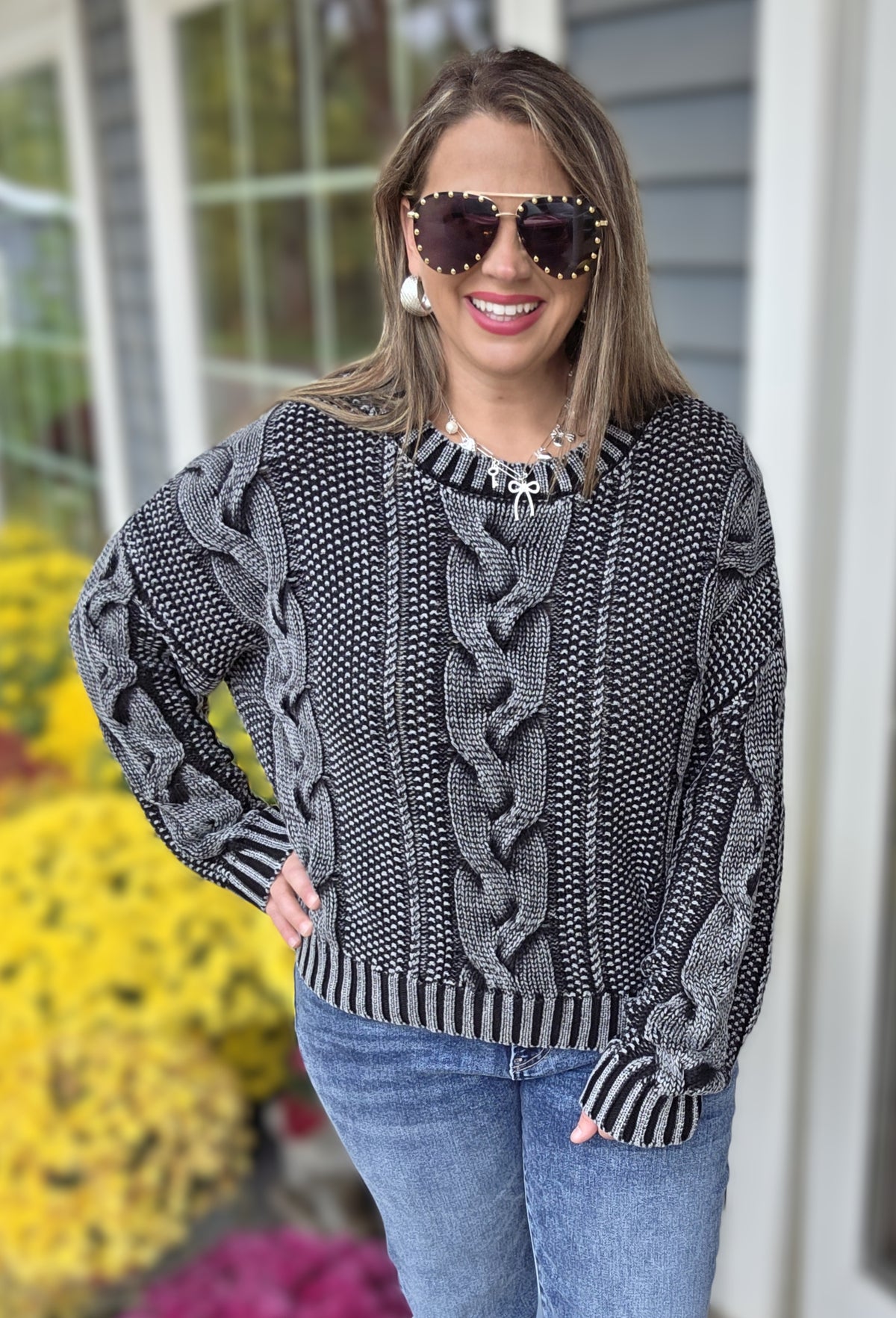 CHARCOAL MINERAL WASH CABLE KNIT SWEATER