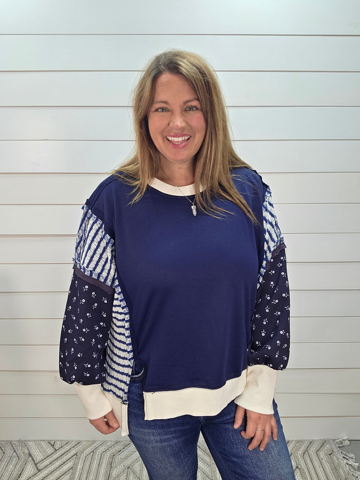 NAVY/STRIPED/FLORAL LOOSE FIT FRENCH TERRY TOP