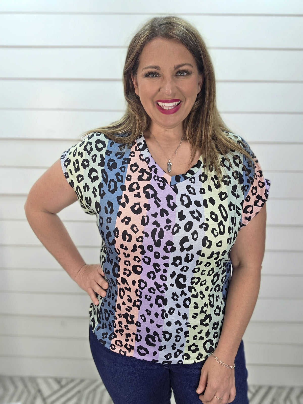 MULTI COLOR VERTICAL STRIPED ANIMAL PRINT V NECK TOP