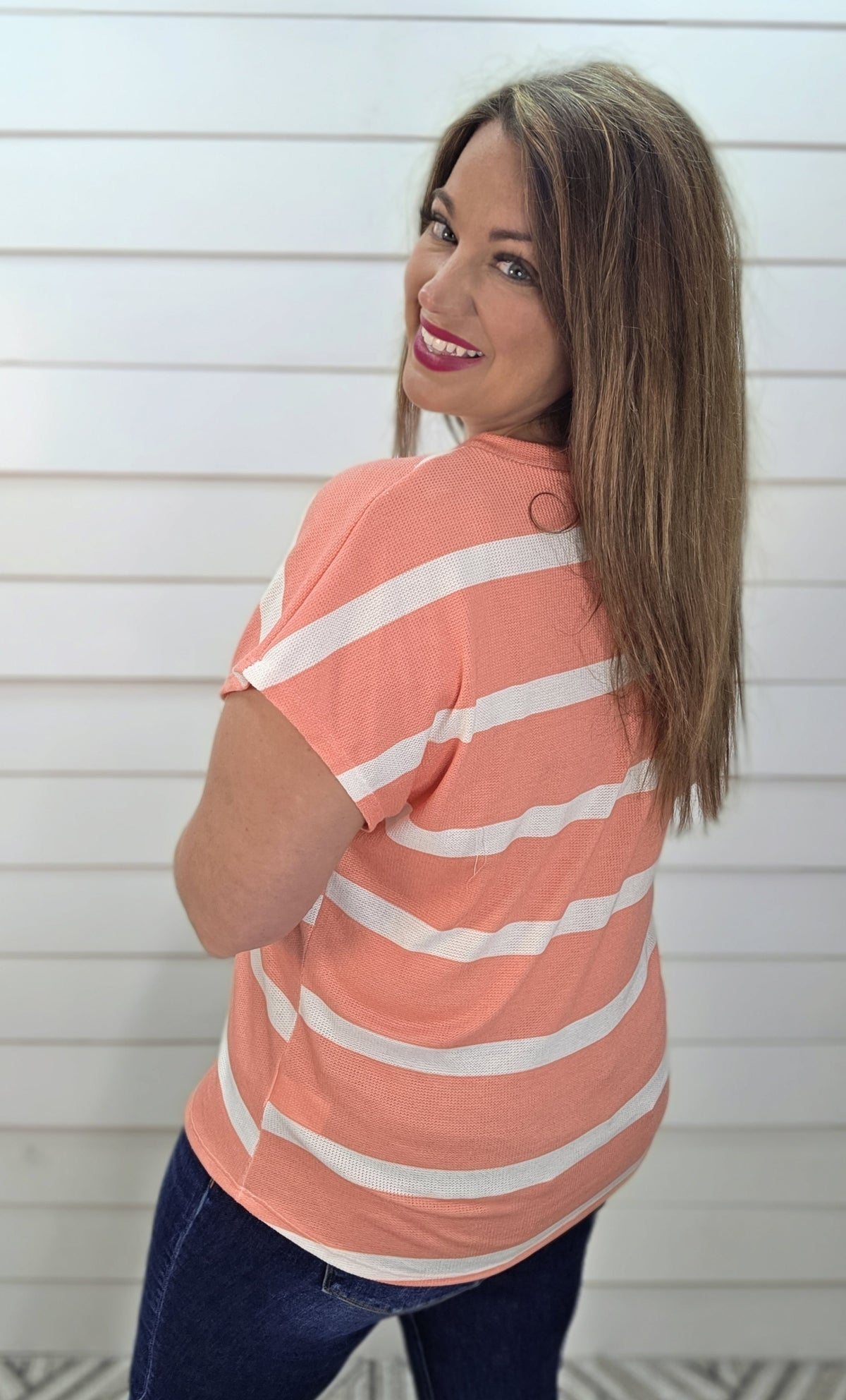 CORAL/WHITE STRIPED KNIT V NECK TOP