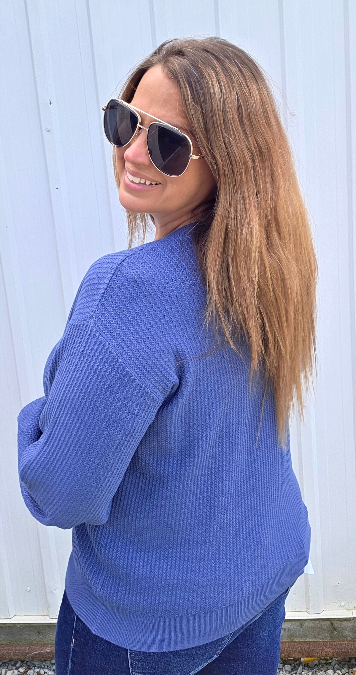 Denim Textured, Crew Neck, Balloon Sleeve, Pullover Sweater