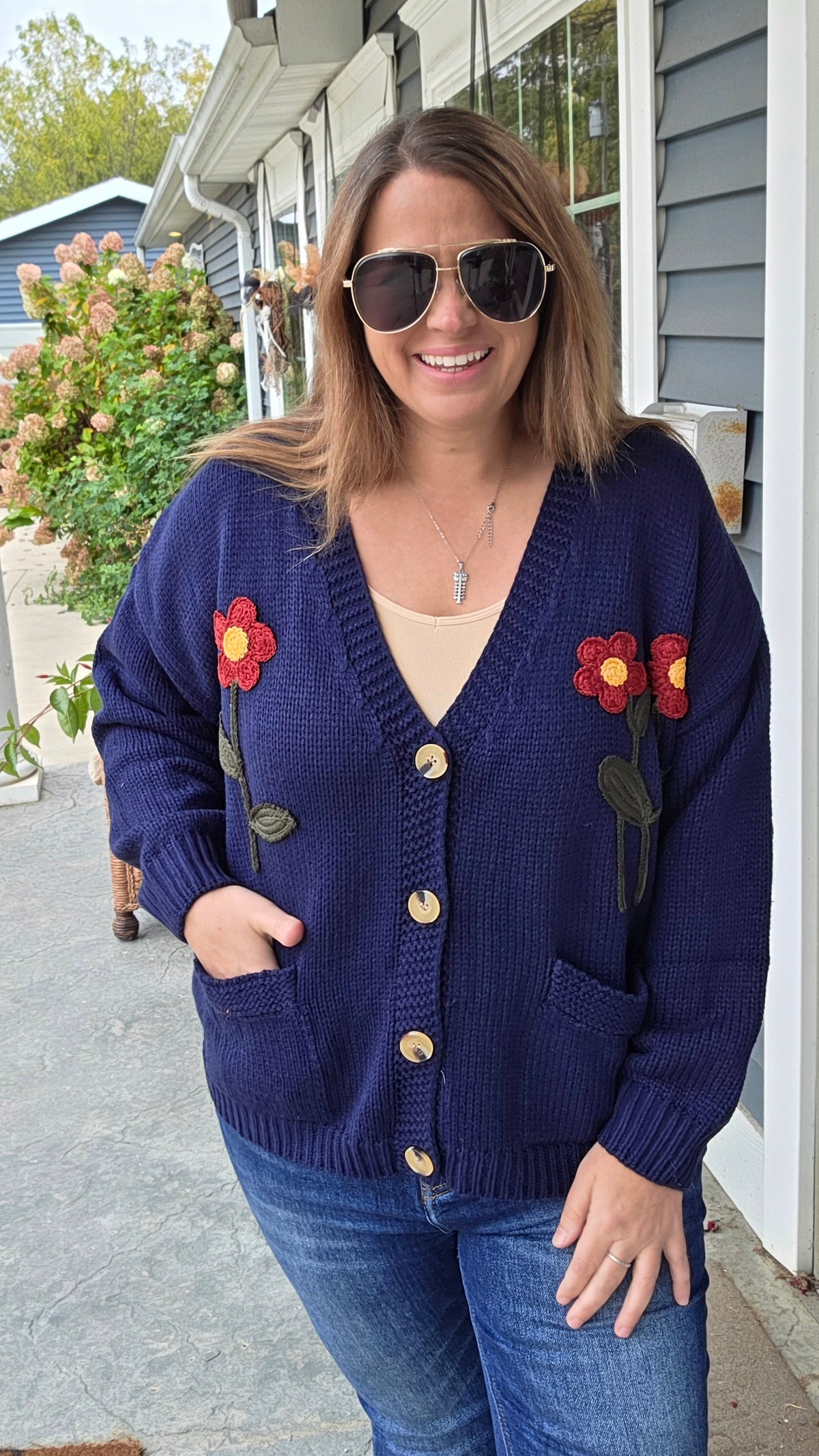 NAVY V Neck Button Down Long Sleeve Oversized Loose Fit Sweater Cardigan With Flower
