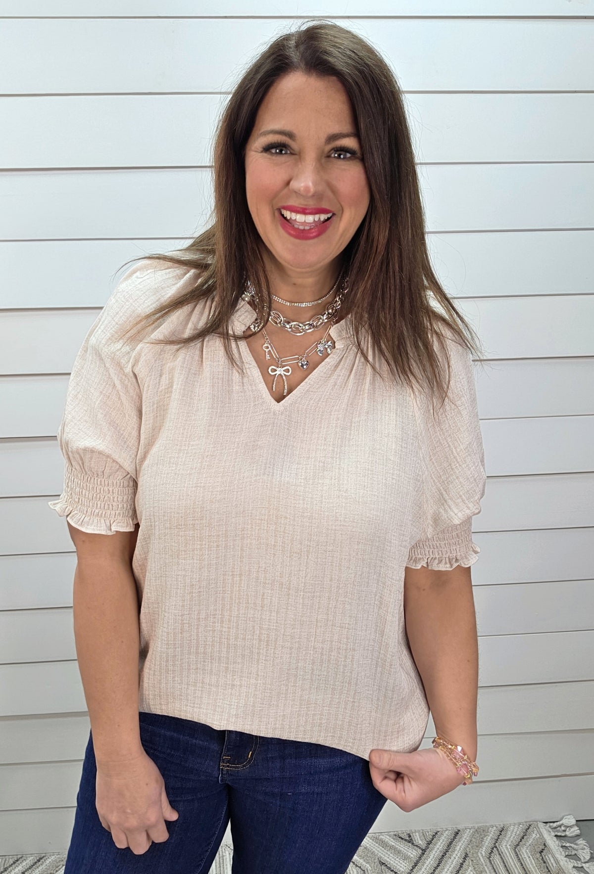 OATMEAL V NECK TOP W/RUFFLE COLLAR & SMOCKED SLEEVES