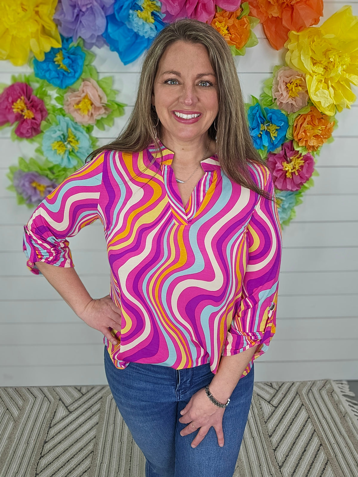 BRIGHT COLORFUL 3/4 SLEEVE LIZZY TOP