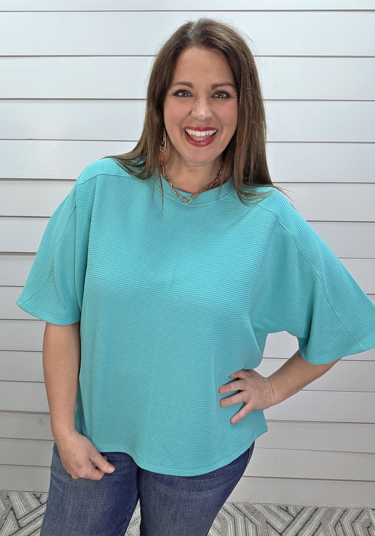 MINT DOUBLE KNIT TEXTURED HALF SLEEVE KNIT TOP