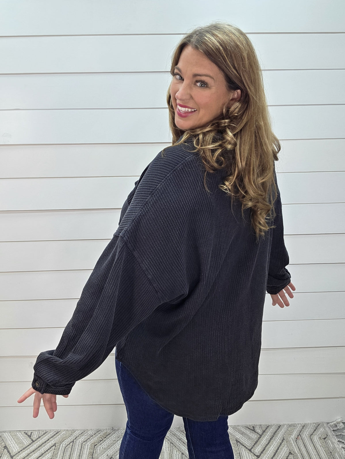 BLACK MINERAL WASH OVERSIZED KNIT WAFFLE TEXTURE BUTTON DOWN TOP